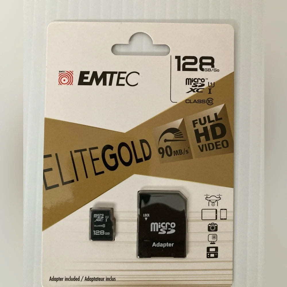 EMTEC Micro-SD XC Class10 Elite Gold 128 GB 90 MB/S Full HD Video+ SD Adapter